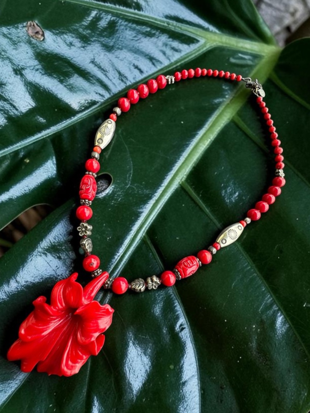 Amanda Rae Red Coral Hibiscus Necklace 18”
